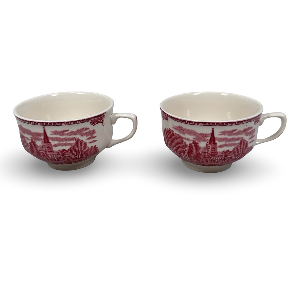 Johnson Brothers Old Britain Castles Pink Red Transferware Tea Cups Set of 2